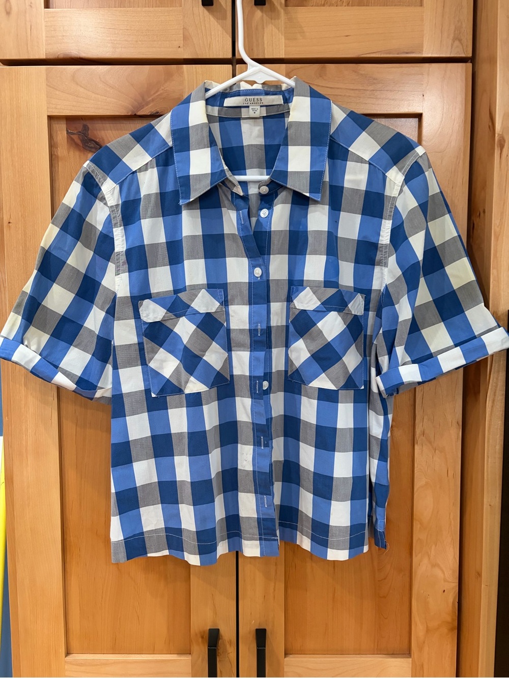 Guess blue grey white Checkered Button-Up crop Shirt medium M